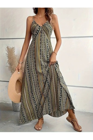 Kadın Ip Askılı Sırttan Çapraz Detaylı Yırtmaçlı Desenli Süprem Elbise Yeşil
