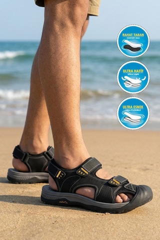 Voyager Erkek Outdoor Trekking Sandalet Kapalı Burun Cırtlı Günlük Yürüyüş Siyah E337 M