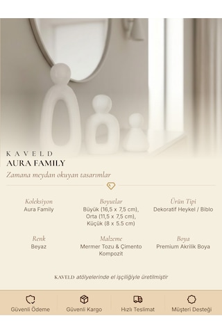 Kaveld Aura Family Minimalist Dekoratif Heykel 3'lü Set El Yapımı Modern Biblo Mermer Tozu & Çimento Kompozit Premium Salon Ve Ofis Dekoru Beyaz