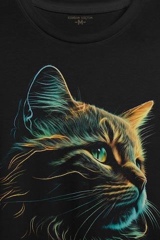Bıyıklı Kedi Minimal Çizim 3d Efektli Realist Siyah Baskılı Tişört Unisex T-shirt 001