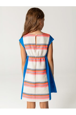 Sheshe Renkli Çizgili Beli Kuşaklı Kız Çocuk Elbise Renkli