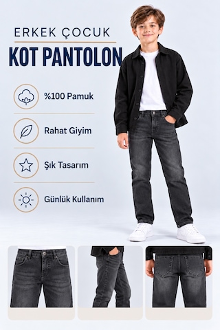 Ahengim Erkek Çocuk Kot Pantolon Likralı Yıpratmalı Fit Düz Paça Cepli Jean Ak1213 Gri