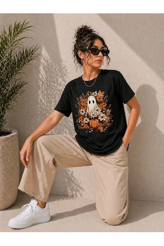 Defymoda Balkabağı Hayalet Baskılı Tişört Kısa Kol Yazlık T-shirt - Siyah