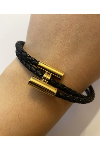 Unisex Siyah Renk Sarmal Deri Bileklik Gold