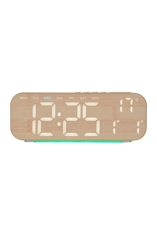 Büyük Ekranlı Ahşap Desenli Dijital Masa Saati 24x9x3 Cm Alarm Çalar Saat Rgb Renkli Led Işıklı Usb Ve Pil Bej