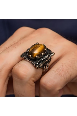 Oval Kaplan Gözü Taşlı Elifvav 925 Ayar Gümüş Yüzük Beyaz