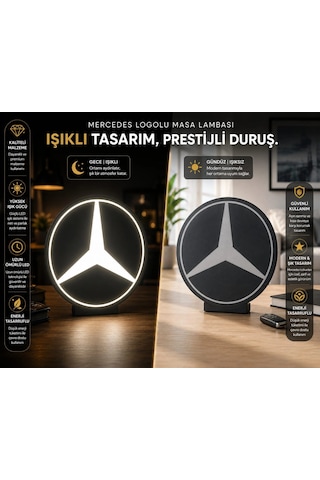 Mercedes Masa Lambası , Mercedes Logolu Led Işıklı Masa Lambası , Mercedes Gündüz Gece Masa Lambası Siyah