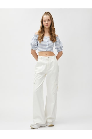 Koton Crop Bluz Omzu Açık Fırfırlı Balon Kollu Gipeli Mavi Ekose 3sal60156ıw 3SAL60156IW6C5