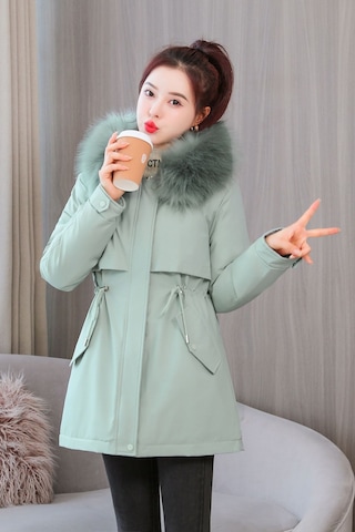 Snapbuy Kalın, Yumuşak Dolgulu, Midi Boy, Kapüşonlu, Kürk Detaylı Kadın Mont Su Yeşili
