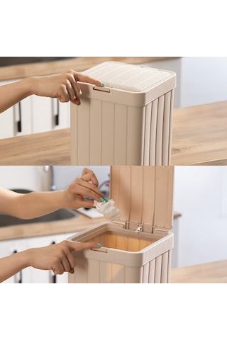 Porsima G-853 Linny Kare Çöp Kutusu Banyo Mutfak Çöp Kovası Kapaklı Banyo Çöp Kovası 10lt Bej