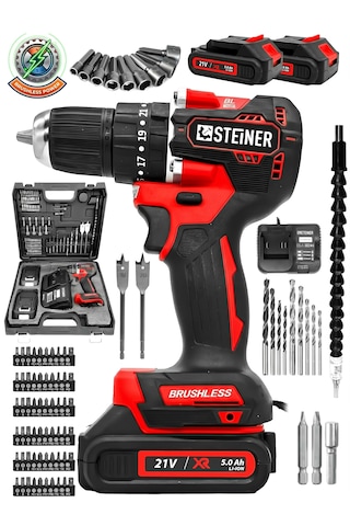 Steiner 21 V Darbeli Profesyonel Kömürsüz Motor Metal Şanzıman Çift Akülü Şarjlı Vidalama Matkap 84 Parça Kırmızı