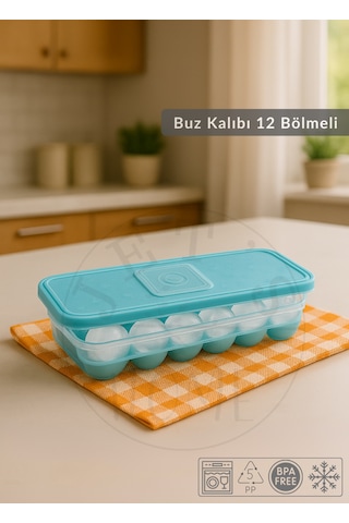 12 Bölmeli Buz Kalıbı Esnek Silikon Buz Küpü Bpa Free Kare Bas Parmak Buzluk Çapı 3,5 Cm Mavi Yeşil