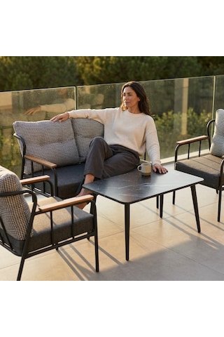 Paris 2+1+1+sehpa Metal Balkon Takımı Keten Dokulu Kumaş Siyah Metal - Bahçe Teras Oturma Grubu