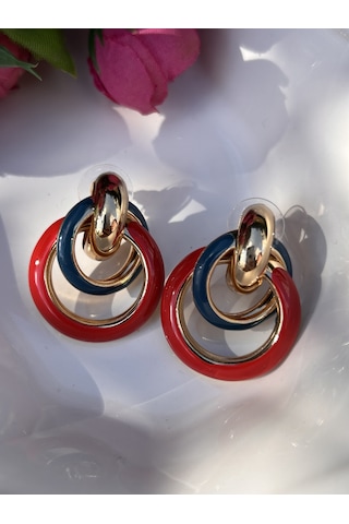 Bymerve Abiye Tasarım Halka Gold Tabaka Kırmızı 3,5cm Kadın Çelik Küpe Kırmızı