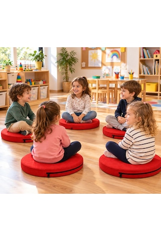 Kreş Minderi Anaokulu Aktivite Minderi, Bahçe, Dekor, Sandalye Minderi 40x40x 5 Cm Yuvarlak Minder 1 Adet Kırmızı