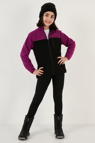 Lela Yumuşak Dokulu Fermuarlı Renk Bloklu Dik Yaka Cepli Hırka Unisex Çocuk Polar 5905001 Mor-Siyah