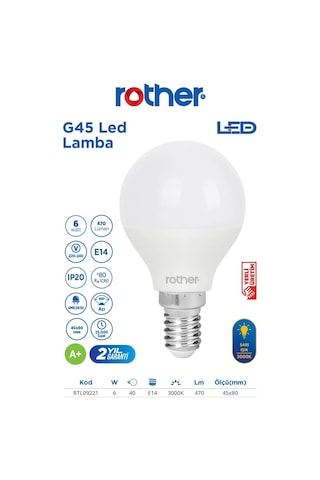 Rtl09221-10 Rother G45 Led Ampul 6w E14 470 Lümen 3000k Sarı Işık Enerji Tasarruflu Ampul 10 Adet