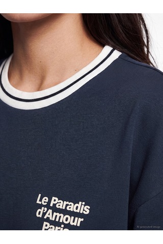 Lcw Vision Lacivert Paris Baskılı Oversize Kadın Tişört