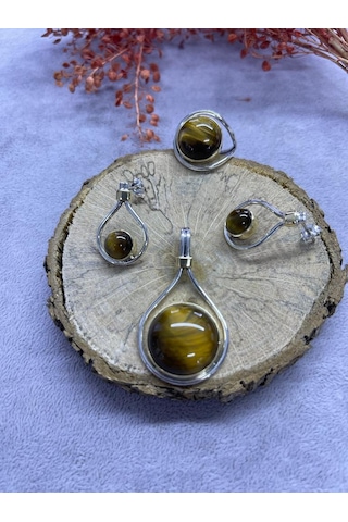 Nsa Gümüş Kaplan Gözü Taşı 925 Ayar Doğal Taş El İşi Gümüş Set