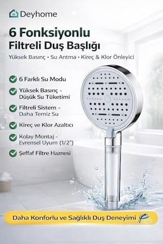 6 Fonksiyonlu Filtreli Duş Başlığı Su Arıtmalı Klor Ve Kireç Önleyici Yüksek Basınçlı Duş Sistemi Beyaz Krom 6 Fonksiyonlu