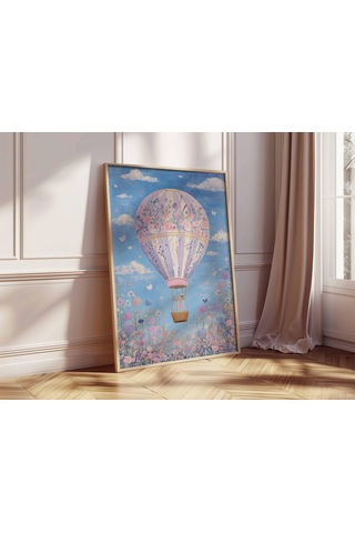 Hayalperest Çiçekli Sıcak Hava Balonu Sanat Baskısı Pastel Kır Evi Tarzı Maksimalist Çocuk Odası Duvar Dekoru