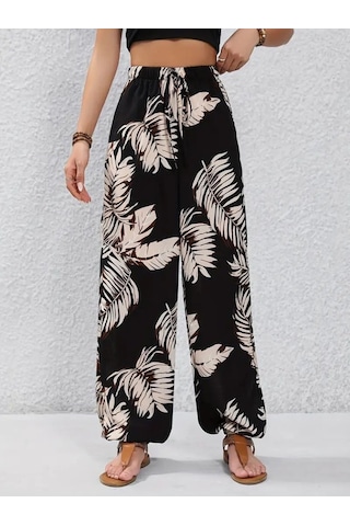 Gülsüm Aydın Kadın Yüksek Bel Bağcıklı Yaprak Desenli Süprem Pantolon Çok Renkli