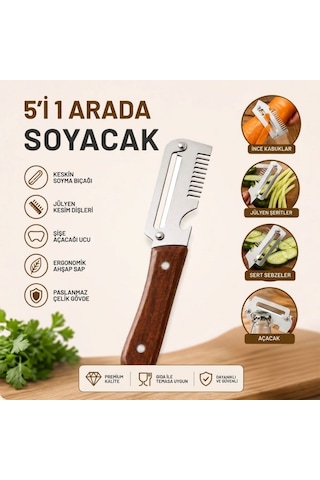 Buffer 5'i 1 Arada Çok Fonksiyonlu Sebze Ve Patates Soyucu, Paslanmaz Çelik Bıçaklı, Ahşap Saplı Mutfak Jülyen Diğer