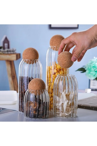4'lü Top Mantar Kapaklı Çizgili Cam Kavanoz Ve Baharatlık Seti Şeffaf