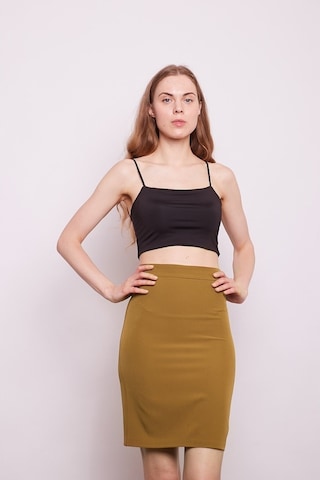 Yüksek Bel Diz Üstü Likralı Pamuklu Şık Kumaş Kalem Etek-Koyu Har