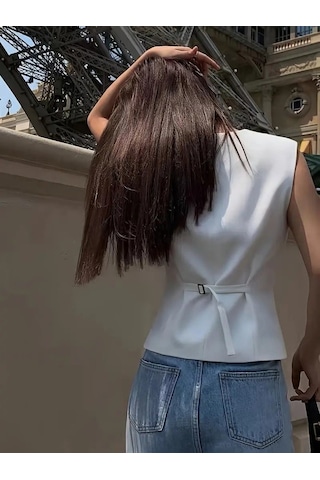 Efnaz Style Kadın Sıfır Kollu Önden Düğmeli Atlas Yelek Beyaz