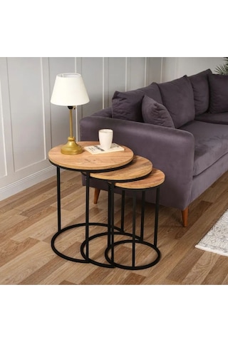 Alya Yuvarlak Ahşap Üçlü Zigon Sehpa Siyah