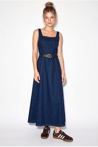 Kadın Geniş Yaka Askılı Kemerli Kloş Denim Elbise 6084 60286108 - Lacivert