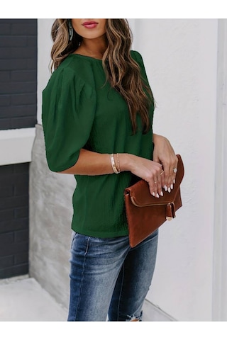 Kadın Kısa Kollu Pileli Balın Kol Bürümcük Bluz Yeşil