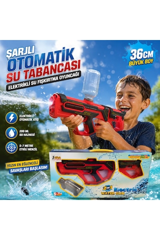Şarjlı Otomatik Su Tabancası 36 Cm Elektrikli Su Fışkırtma Oyuncağı 200 Ml Su Hazneli Kırmızı