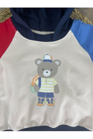 Teddy Ayıcık Baskılı Kapüşonlu Renkli Kol Detaylı Erkek Bebek Takım Açık Lacivert