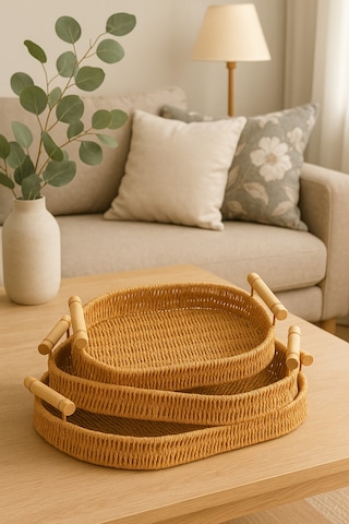 Natura - 3'lü Oval Rattan Hasır Servis Ve Sunum Tepsisi Seti Ahşap Saplı Dekoratif Tepsi Bej