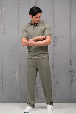 Mass Plus Regular Fit Likralı Kendinden Çizgili Yarım Baggy Pantolonlu T-shirt Takım Yeşil