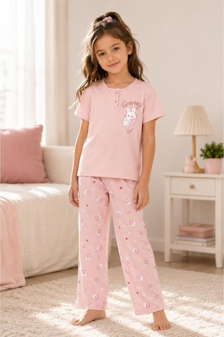 Pijamask Kız Çocuk Baskılı Pamuklu Kısa Kollu Yazlık Pijama Takımı Pembe