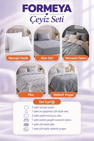 Formeya Wedding Çift Kişilik Çeyiz Seti 11 Parça Gri