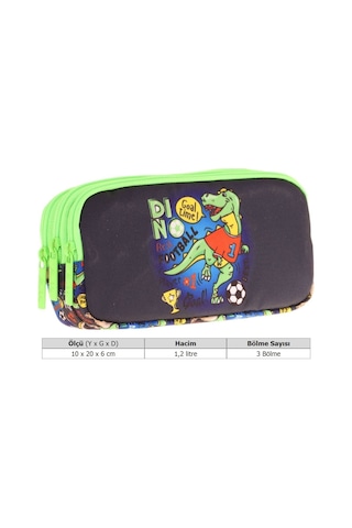 Kaukko Kids Yeşil Siyah, Dinazor Baskılı, Erkek Çocuk Üç Bölmeli Okul Kalem Çantası - L8266 Yeşil - Siyah