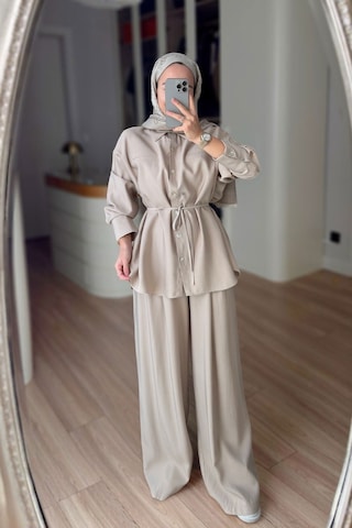 Ka Hijab Bağcıklı Bluz Pantolon Takım - Bej