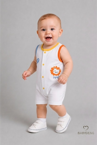 Babyden's Erkek Bebek Tulum Yazlık Pamuklu Şortlu Çıtçıtlı Aslan Baskılı Bebek Tulumu Yenidoğan Bebek Giyim 0-9 Ay Beyaz