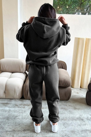 Basic Düz Eşofman Takımı Sweatshirt Jogger - Antrasit Oversize Şardonlu Kapüşonlu Gri