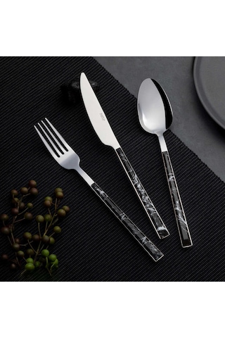 Nehir Tulıp Silver Siyah Mermer 36 Parça Çatal Bıçak Kaşık Takımı Siyah Mermer