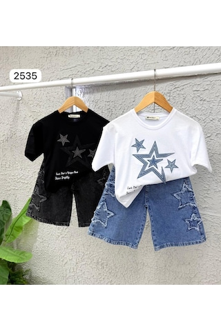 Kız Çocuk Yıldız Baskılı Oversize Tişört & Kot Şort Kombini Yazlık Şık Takım 2535 Siyah
