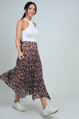 Kadın Beli Lastikli Astarlı Mini Çiçekli Midi Kraşlı Üçgen Etek-41769 Kahve