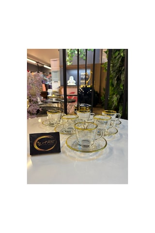 Özel Tasarım Gold Yaldızlı 6 Kişilik 12 Parça Kahve, Çay Fincanı Espresso Takımı, Cam Fincan, Modern