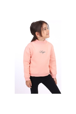 Kız Çocuk Relax Fit Dik Yaka Düşük Omuz Nakış Baskılı Sweatshirt - 3 İplik Şardonlu Somon