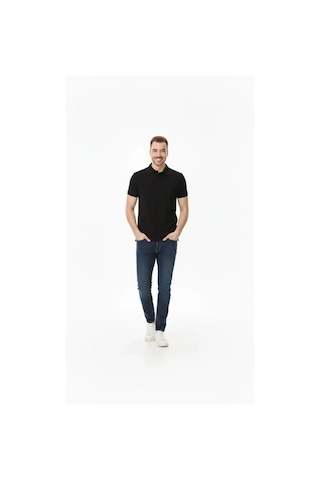 Vexor Erkek Pike Kumaş Düğmeli Yaka Regular Fit Günlük Kısa Kol Tişört T-shirt - Siyah