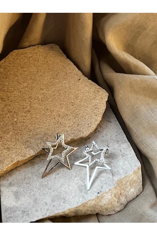 Gümüş Renkli Taşlı İki Yıldızlı Küpe